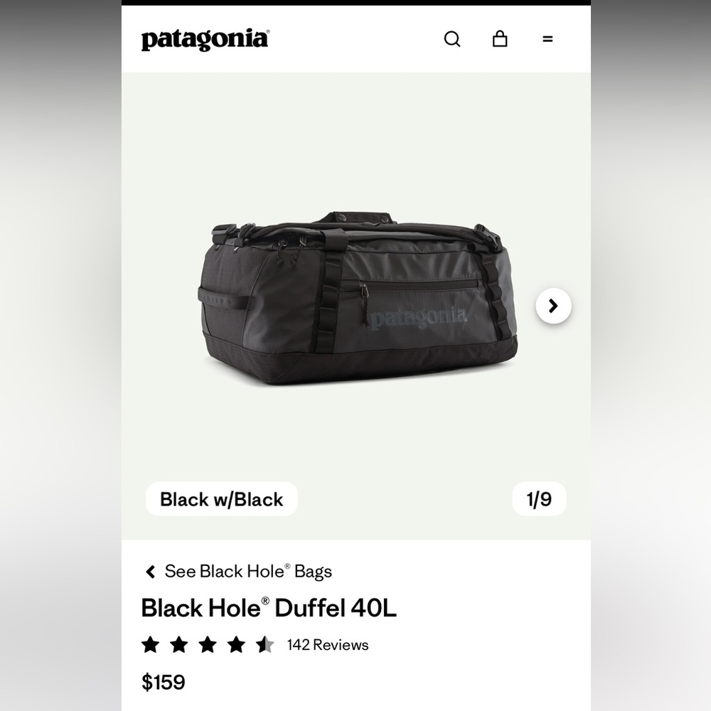 NEW Patagonia Black Duffel Bag - Black 40 L